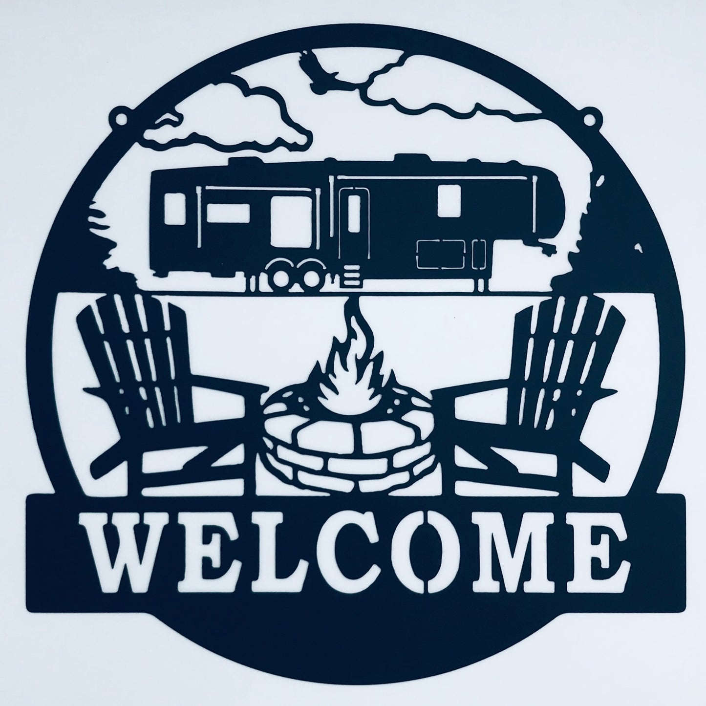 Welcome fifth wheel camper with firepit circle